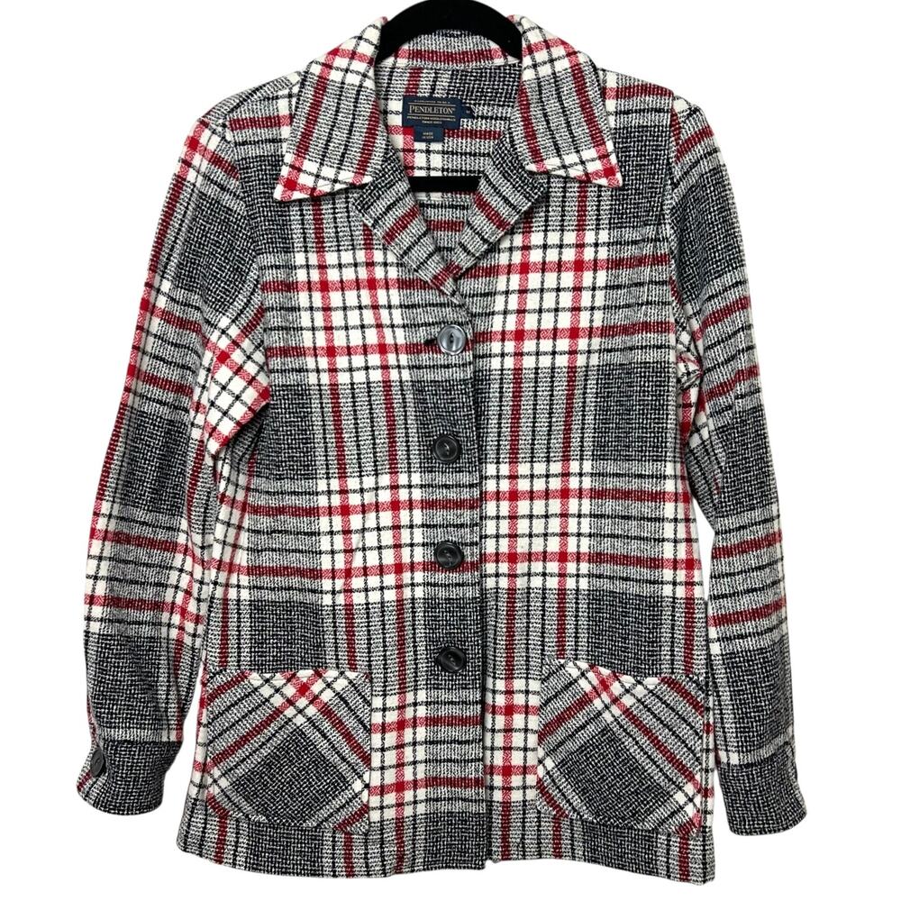 Vintage Pendleton Women's Black Red Plaid Wool Barn Jacket Size Medium